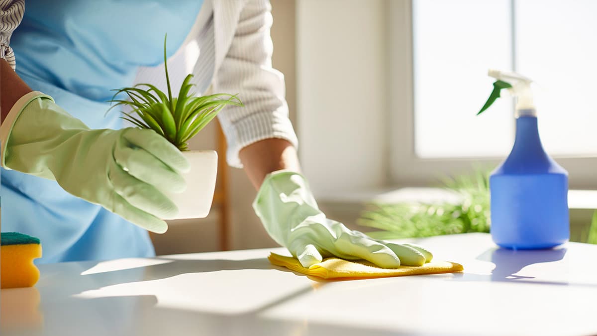 Gloved cleaner wiping a sunlit countertop with a microfiber cloth during professional house cleaning in Des Moines, WA.
